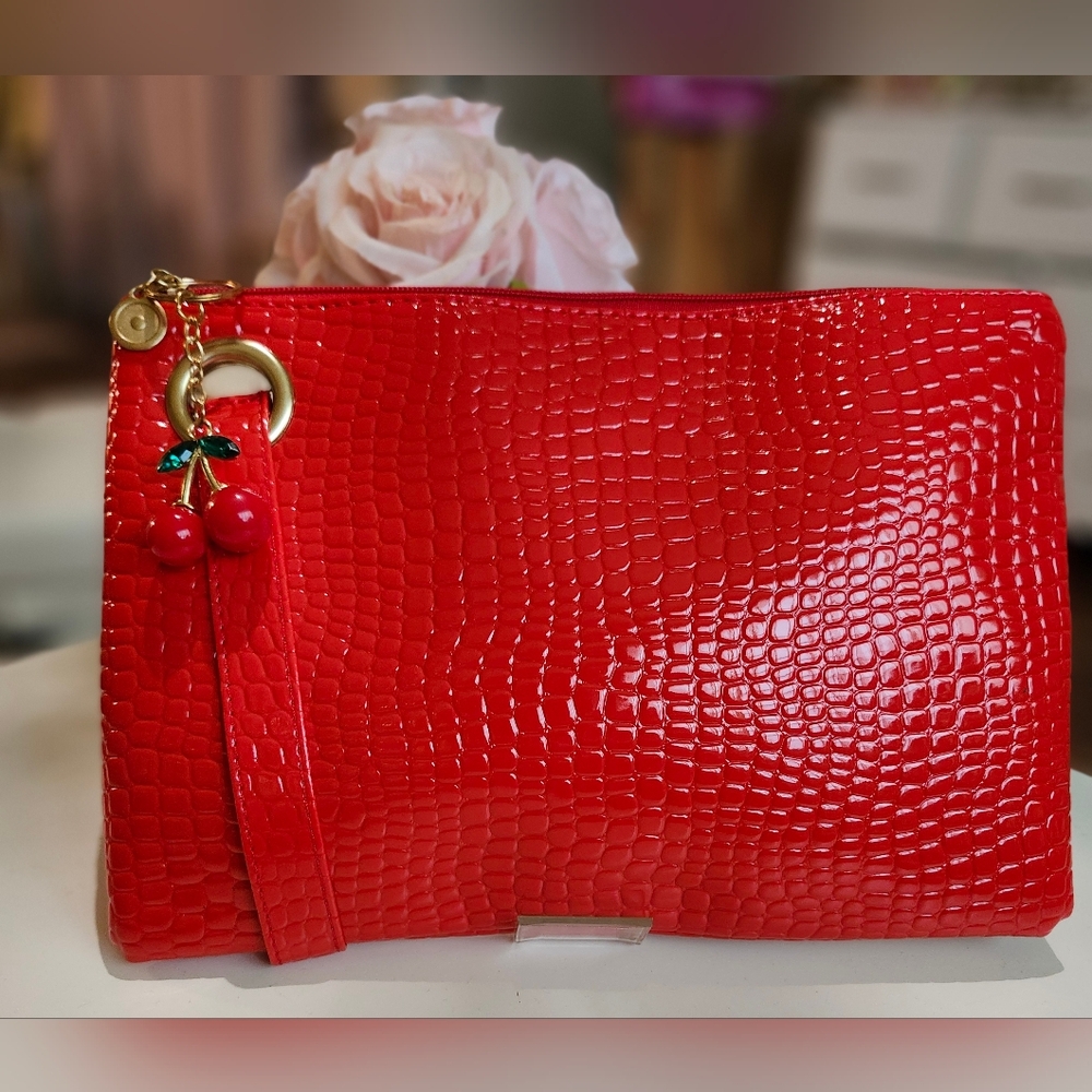 Red Crocodile-Embossed Clutch